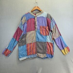 Jayli Men's Multicolor Long Sleeve Quarter Button Pacthwork Shirt Size Large